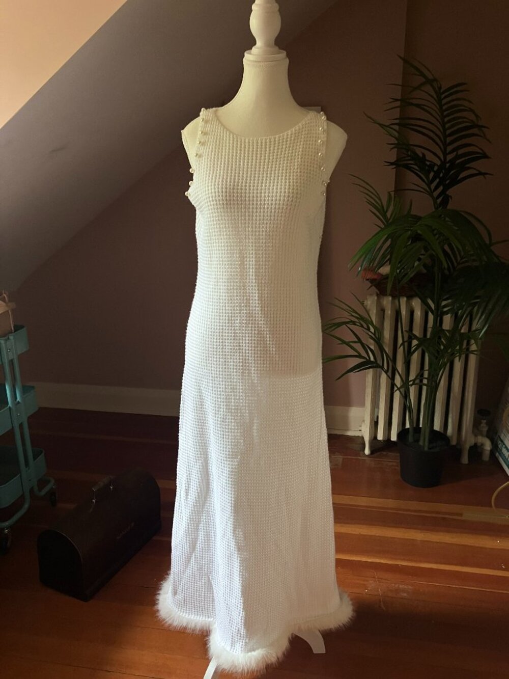 White loose cable knit fur trimmed maxi dress long sundress cover up summer - Picture 10 of 11